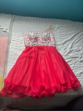 One-Shoulder Hot Pink Prom Dress with Jeweled White Bodice